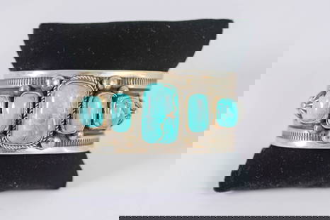 Phenomenal Albert Jake Cuff Bracelet: Native American Navajo acclaimed artist and master silversmith Albert Jake absolutely phenomenal cuff bracelet featuring five AAAAA Fox turquoise gemstones with twisted wire, dot, flower and decorativ