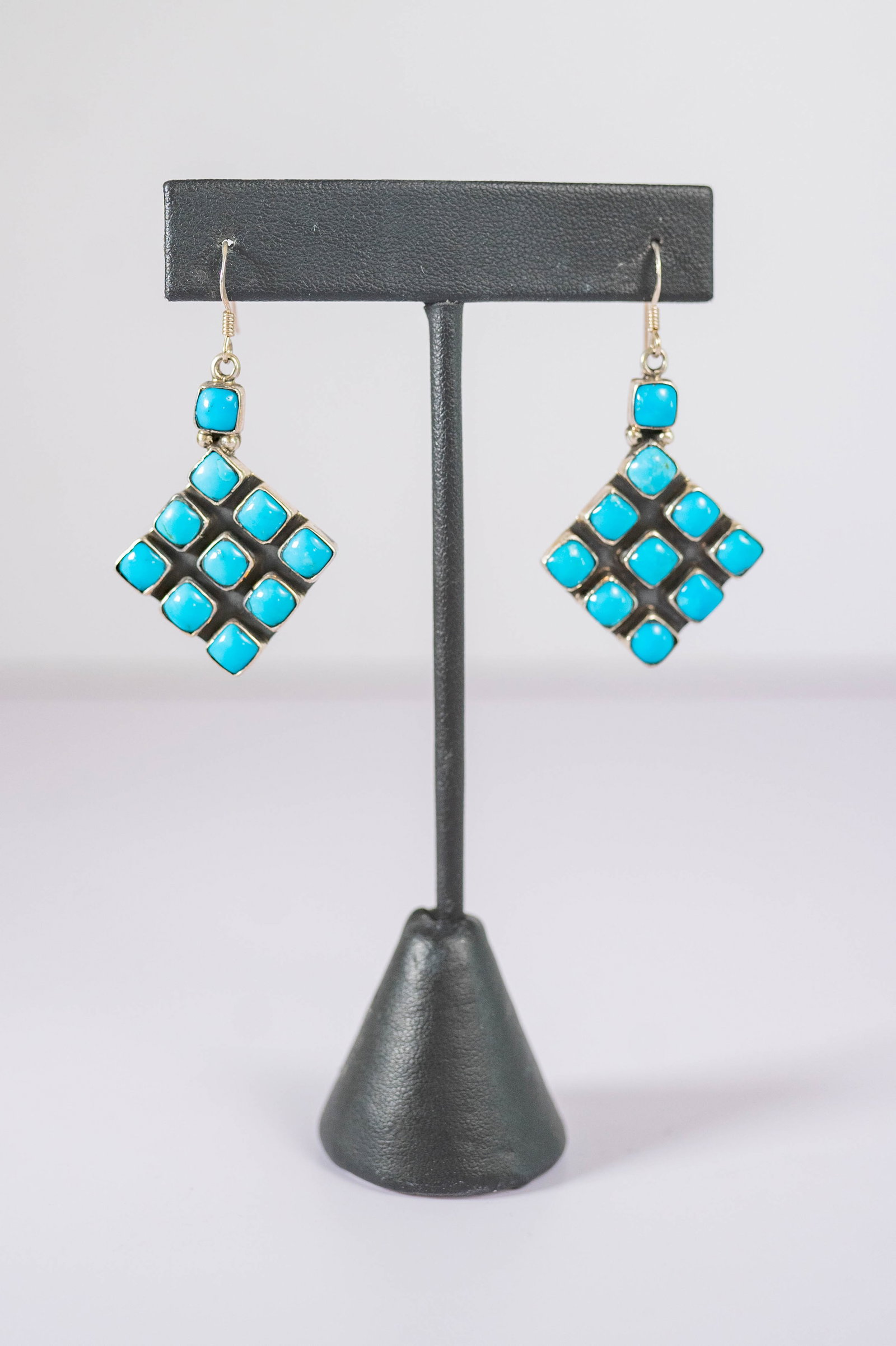 Contemporary Sonoran Beauty Wire Earrings: Native American Navajo Artist Ernest Rangel contemporary wire earrings featuring AAAAA Sonoran Beauty Turquoise gemstones. L 1 3/4" x 1 " W. Signed R within his hallmark.