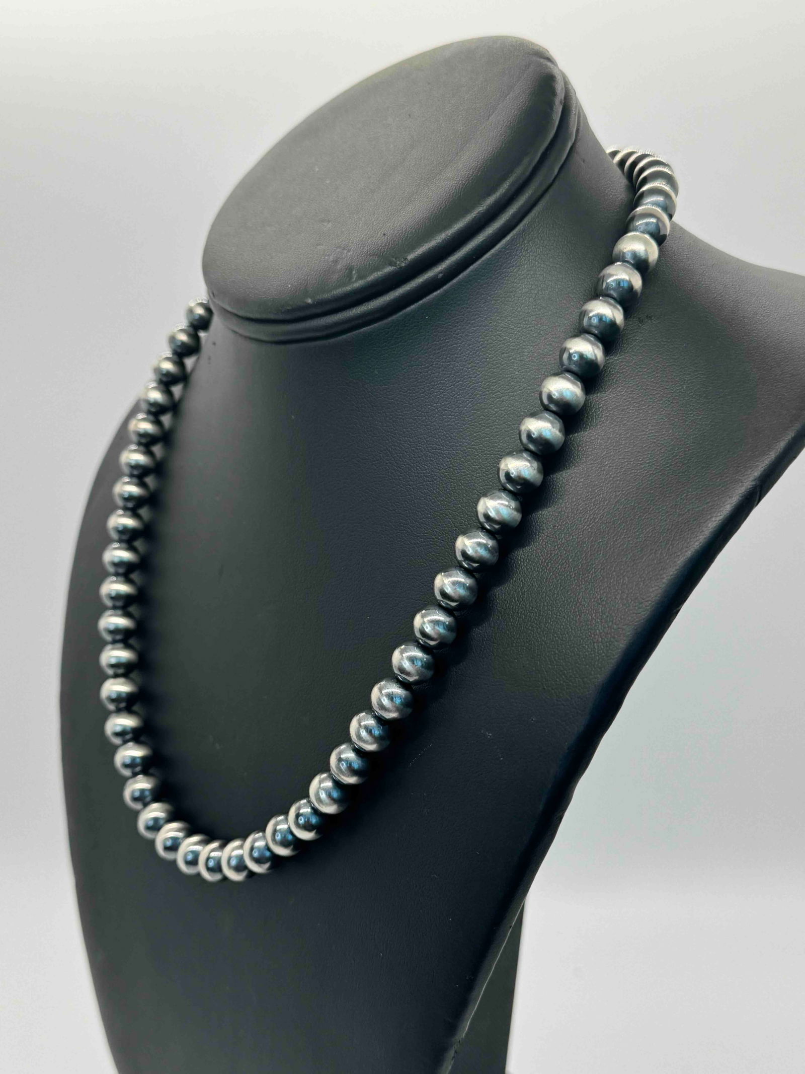 Native American Classic Navajo Pearl Necklace: Native American 8mm oxidized sterling silver Navajo Pearl necklace with sterling silver findings. Length 18".