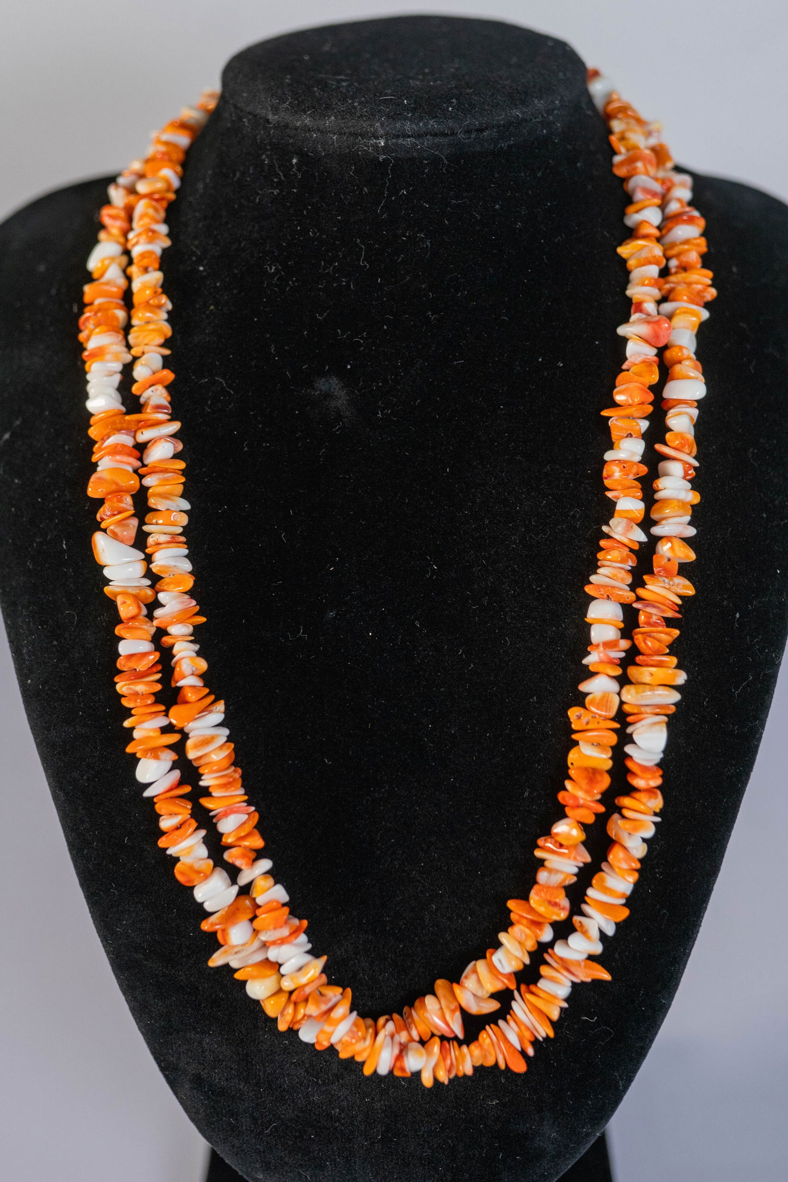 Charming Orange Spiny Oyster Necklace: Native American Navajo charming (2) strand necklace featuringAAAA orange spiny oyster shell polished chip gemstones and sterling silver toggle clasp. L 18"