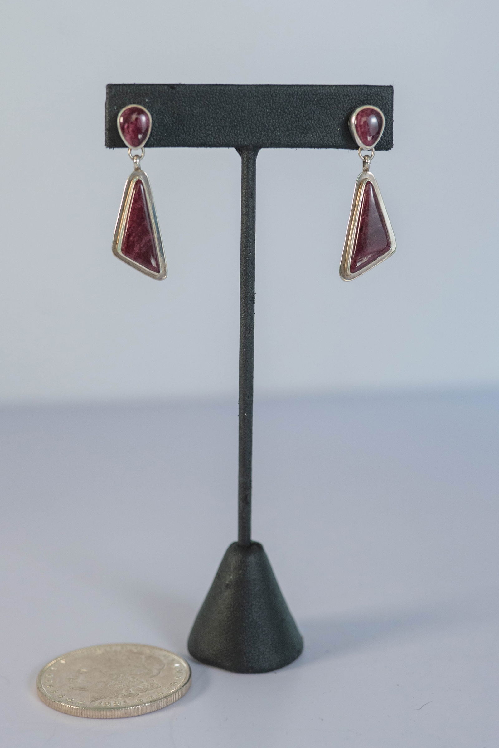 Classic Purple Spiny Oyster Shell Earrings: Native American Navajo artist J. Belone sterling silver post-dangle classic earrings featuring purple spiny oyster shell AAAA gemstones. Signed J Belone L 1 1/2" x W 3/8"