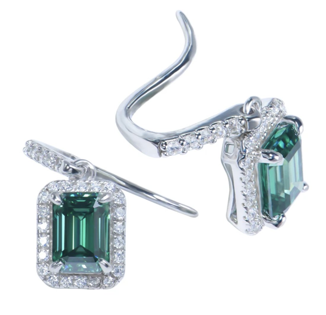 Sterling Silver 1.0ct Moissanite Emerald Halo Earrings (1 of 12)