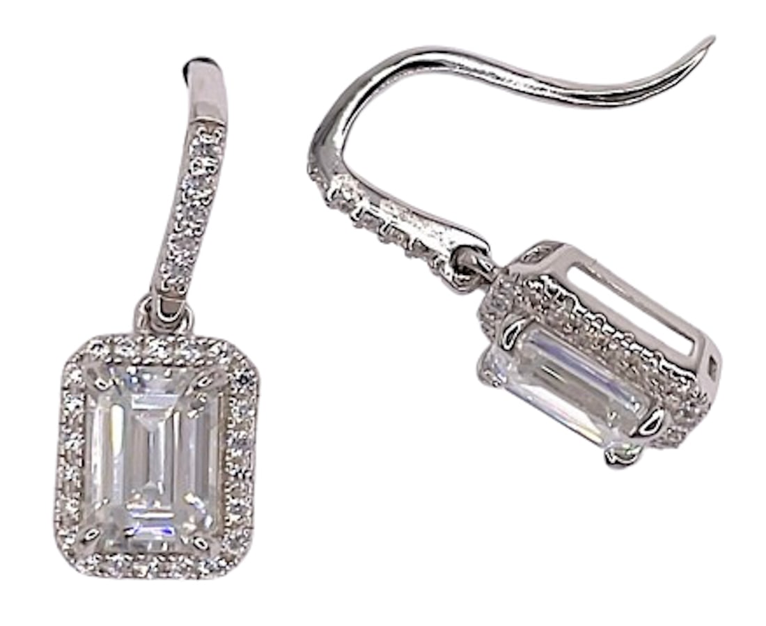Sterling Silver 1.0ct Moissanite Emerald Halo Dangle Earrings (1 of 10)