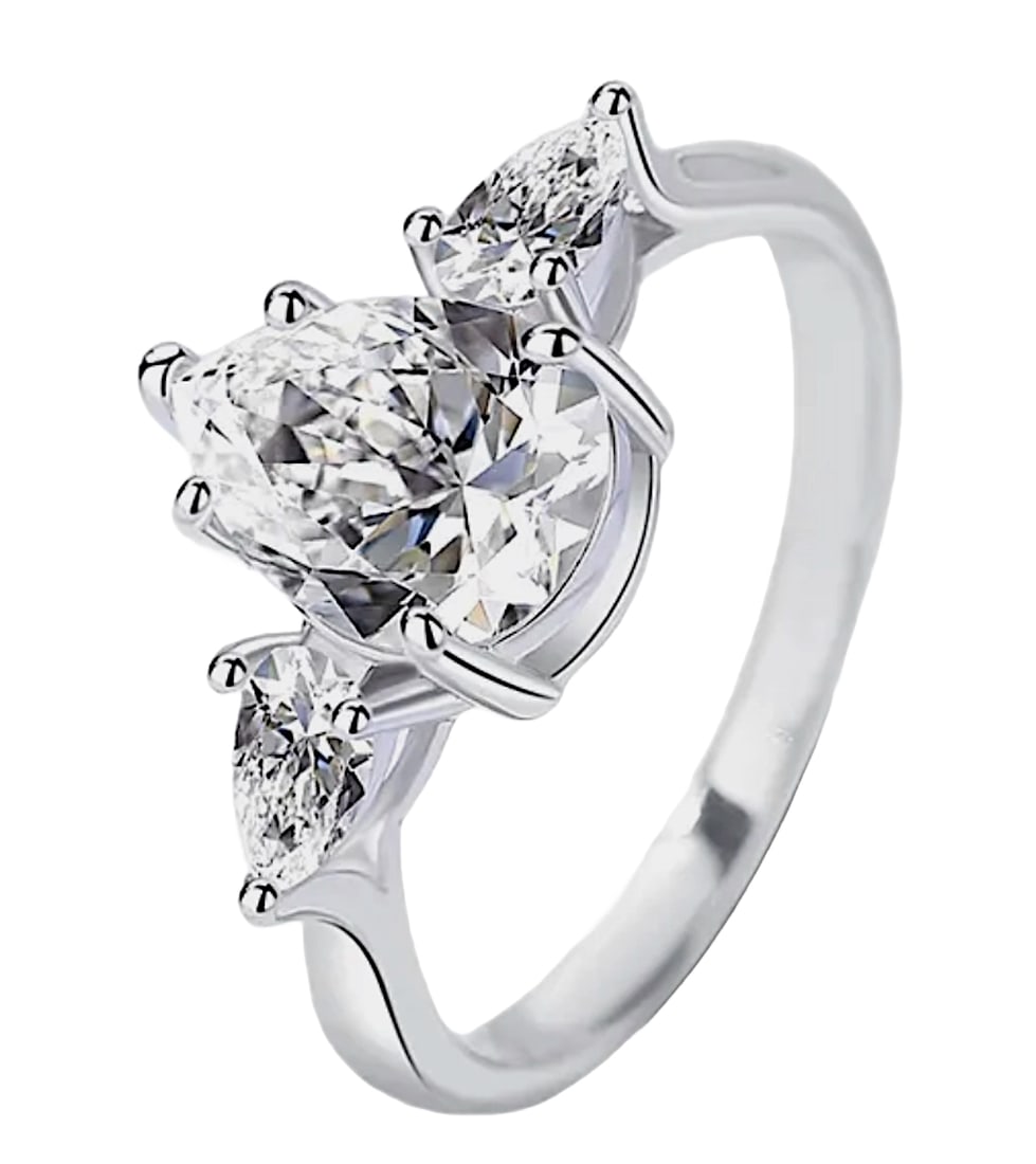Sterling Silver 2.0ct Pear Moissanite Diamond Three Stone Ring (1 of 14)