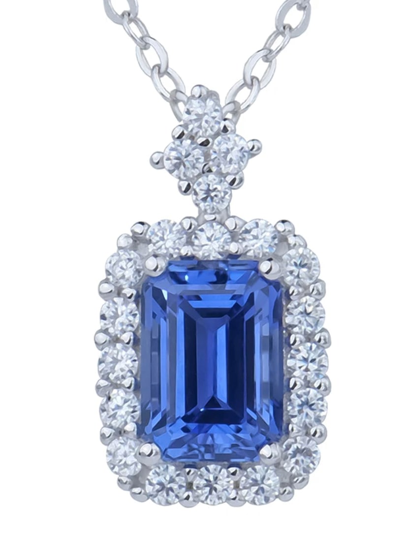 Sterling Silver 1.0ct Lab-Grown Blue Sapphire Halo Necklace (1 of 6)