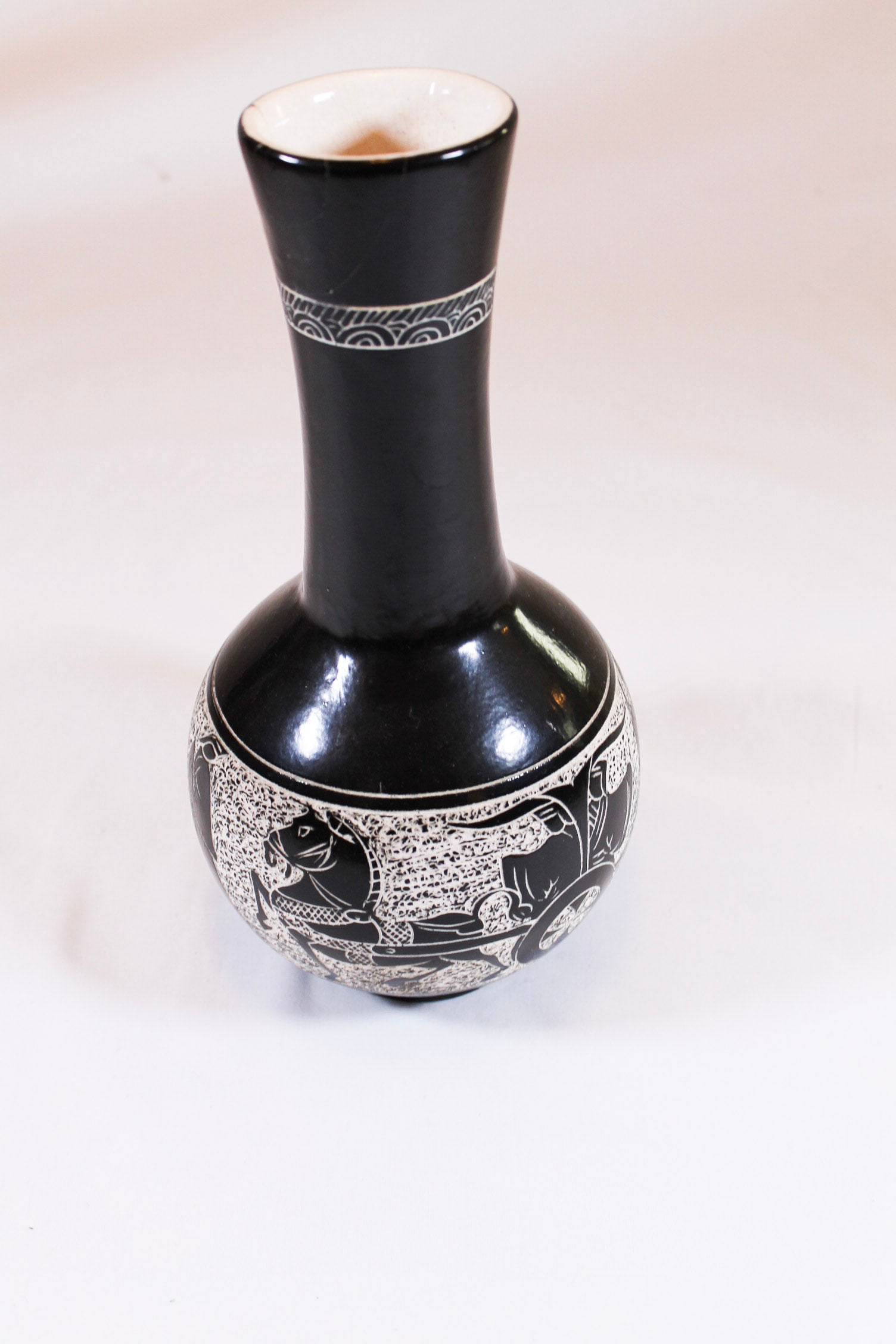 Vintage Hand Carved Greek or Chinese Style Black to White Sgraffito Procession Vase: Vintage Hand Carved Greek or Chinese Style Black to White Sgraffito Procession Vase