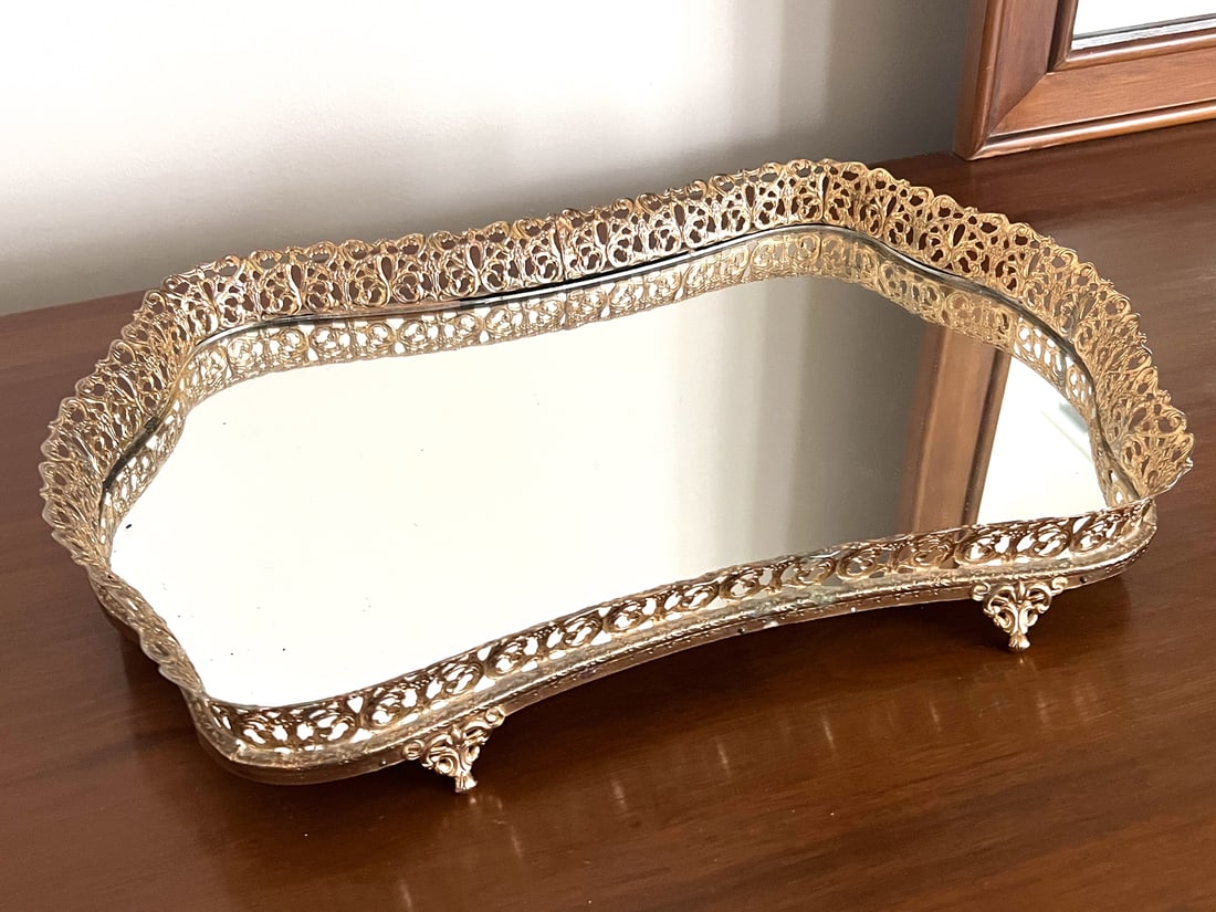 Mid Century Silver Mirrored Vanity Tray: Silver Mirrored Vanity Tray - Measures 16 X 11