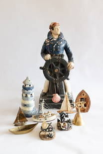 Collection of Nautical Decor: Collection of Nautical Decor - Brass Sail Boat, Bell and Long Boat Marked E.W. Edmund Along With Other Decor - Measuring - Man, 8 X 20 - Lighthouse 3.25 X 8.5