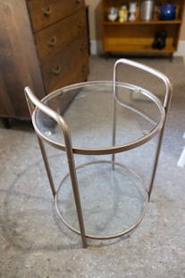 Bar Cart, Side Table: Bar Cart, Side Table- Metal With 2 Glass Shelf'S - Measuring17 X 26 - Missing Wheels *** PICKUP ONLY ***