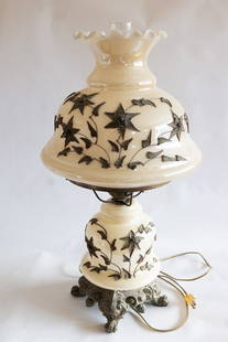 Electric Hurricane Oil Lamp: Electric Hurricane Oil Lamp - Leaves and Flower Accents On Lamp Shade - Measuring 26 X 13