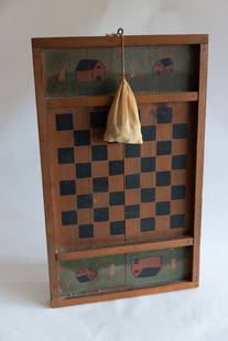 Folk Art Checker/Chess Board: Folk Art Checker/Chess Board With Farm - Checker Pieces In Bag - Measuring 15 X 25
