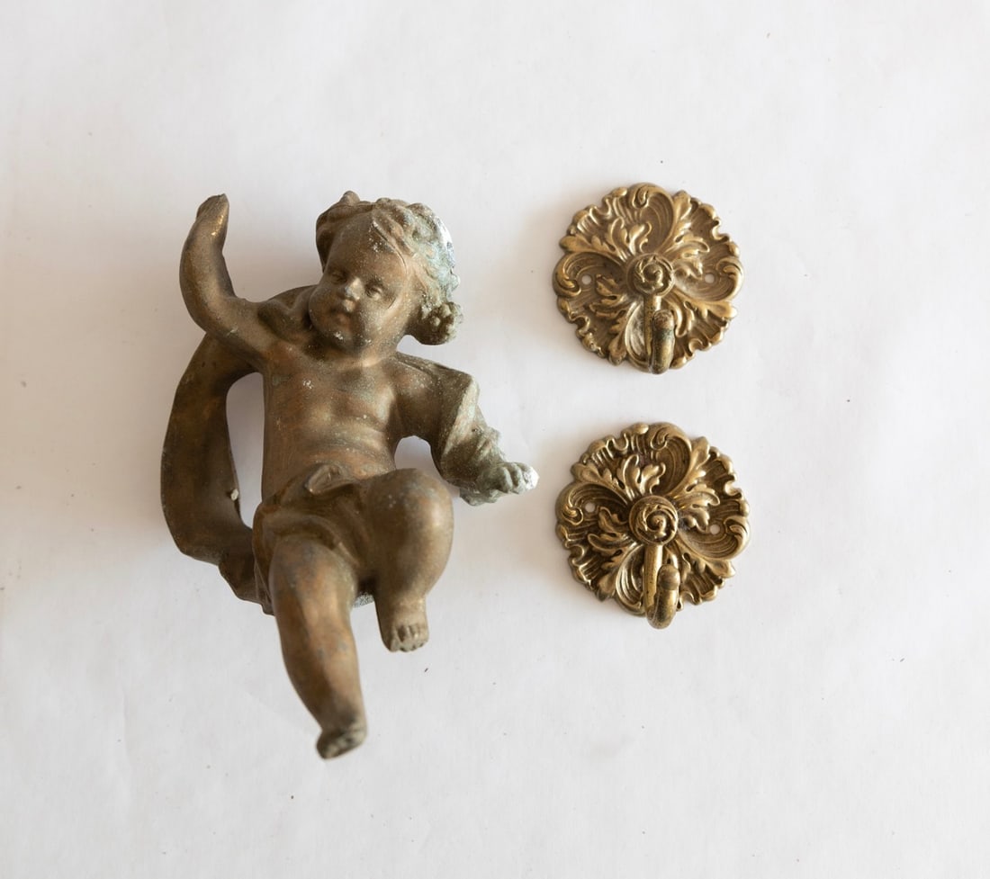 Brass Child Statue & Brass Medallion Wall Hooks (1 of 4)