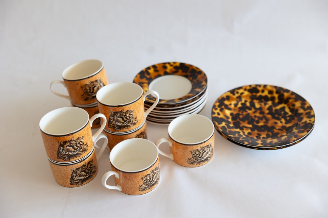 Collection of Cheetah Tea Set: Victoria Beale, Wild Kingdom - Cheetah Tea Set - 9 Small Plates - 2 Larger Plates - 8 Tea Cups
