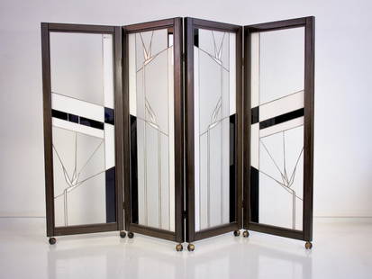 Leaded Glass and Wood Screen by Poliarte: ++++ WE OFFER COMPETITIVELY PRICED WORLDWIDE SHIPPING WITH AN EXTERNAL PARTNER.++++ Wooden screen / room divider made with leaded glass and with ornaments shaped as birds of paradise. Four panels.