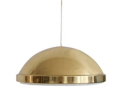 Brass Ceiling Lamp with Acrylic Screen by Bergboms: ++++ WE OFFER COMPETITIVELY PRICED WORLDWIDE SHIPPING WITH AN EXTERNAL PARTNER.++++ Swedish pendant lamp manufactured by Bergboms in circa 1960s. Round brass shade with white acrylic screen. Slight ag