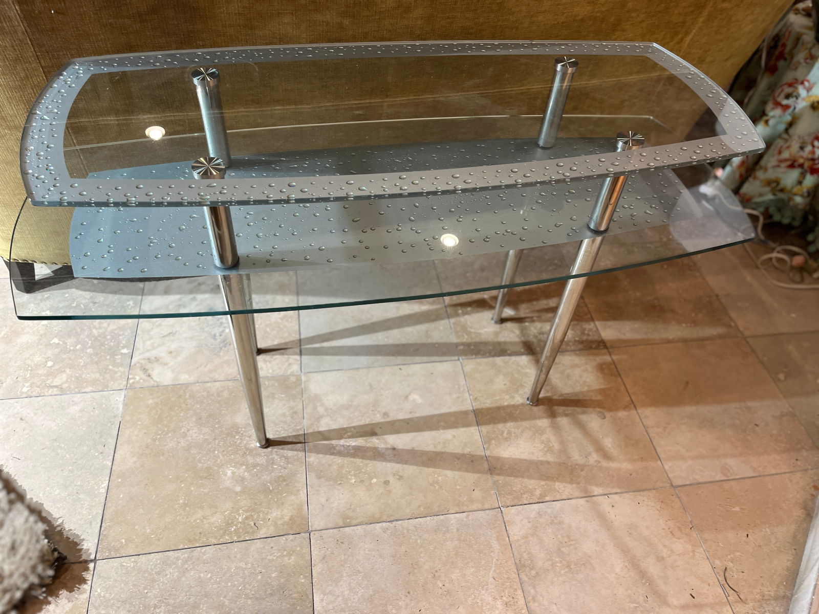 Rain Drop Sofa / Entry Table: Condition: consistent with age and use Dimensions: 51.5" L x 20" W x 29.5 H