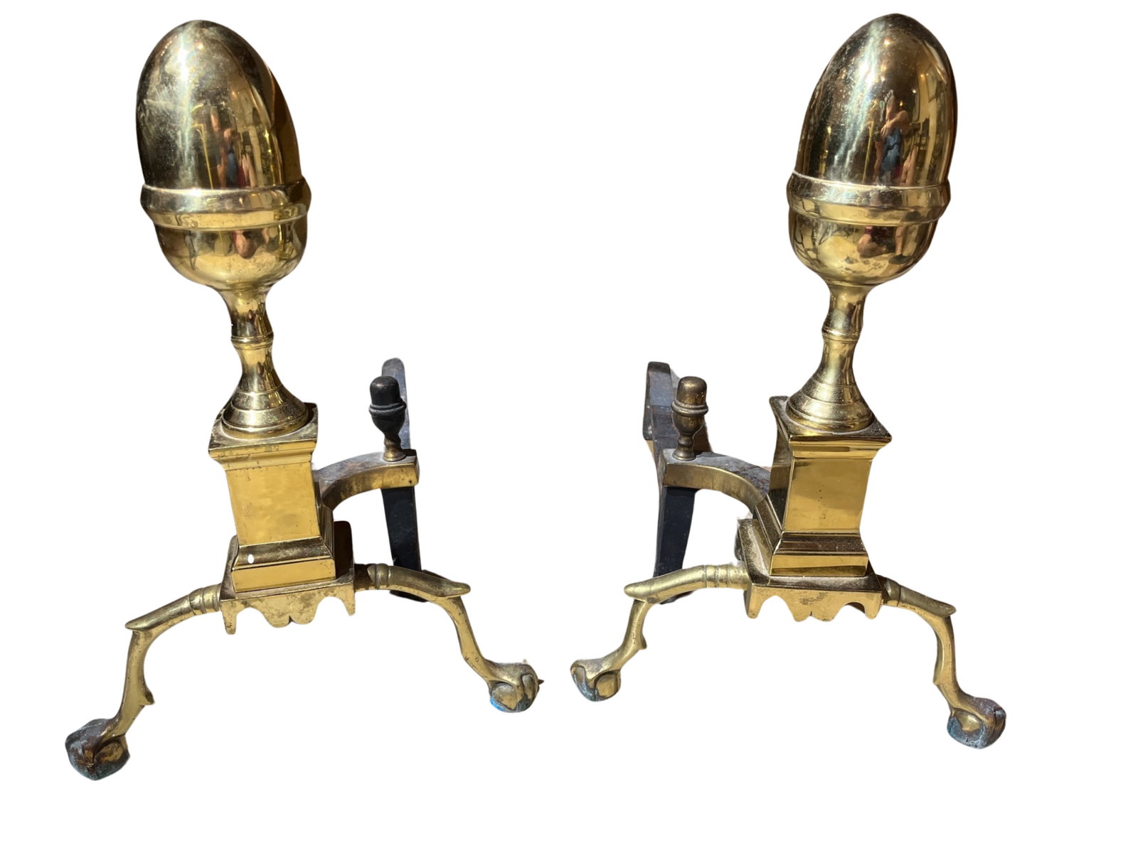 Boston Bell Shaped Andirons: Boston Bell Shaped Andirons Condition: consistent with age and use Dimensions: 13" W x 22" L x 20" H