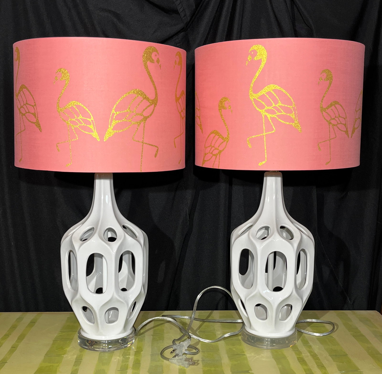 Lamps White with Flamingo Shades: Condition: Consistant with age