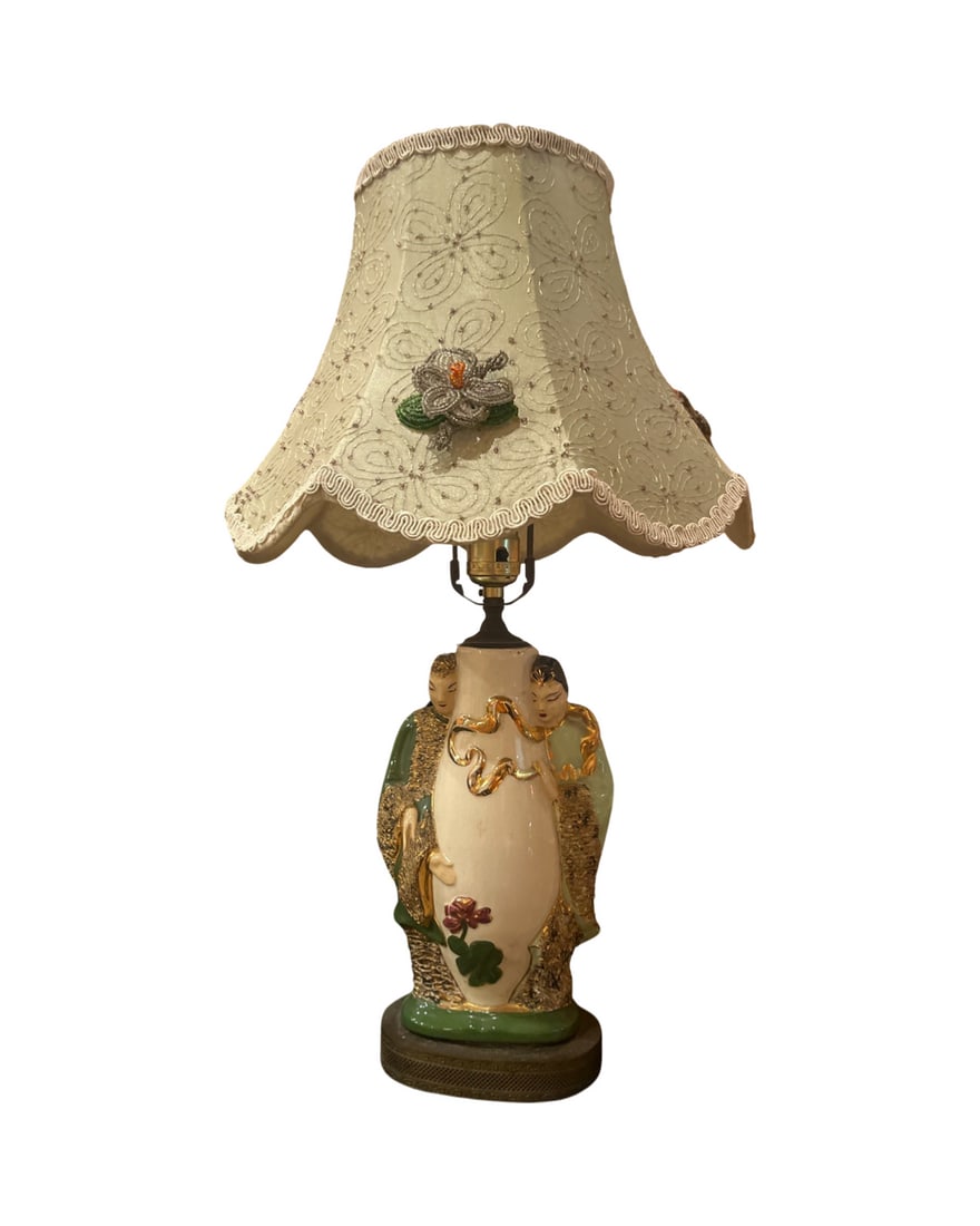 Asian Lamp ancestors with gold trim: Condition: consistent with age and use Dimensions: 14"H x 7" W x2" D