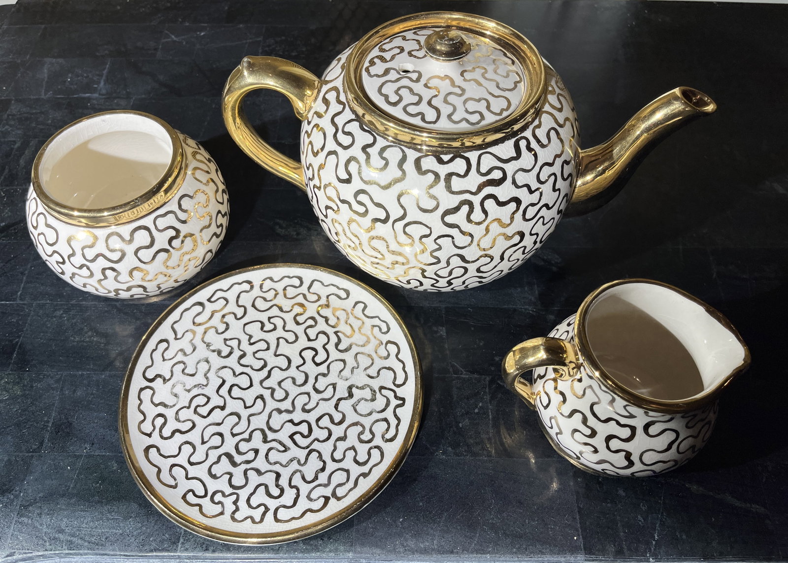 Sudlow Tea Set: Sudlow Burslem Teapot, Creamer & Sugar, 6" plate Made in England Mid Century Condition: consistent with age and use.