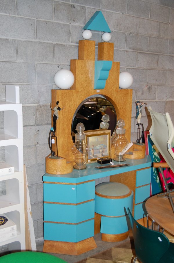 Michael Graves inspired Memphis 'Plaza' dressing: Michael Graves inspired Memphis 'Plaza' dressing table in birds eye maple with blue lacquer