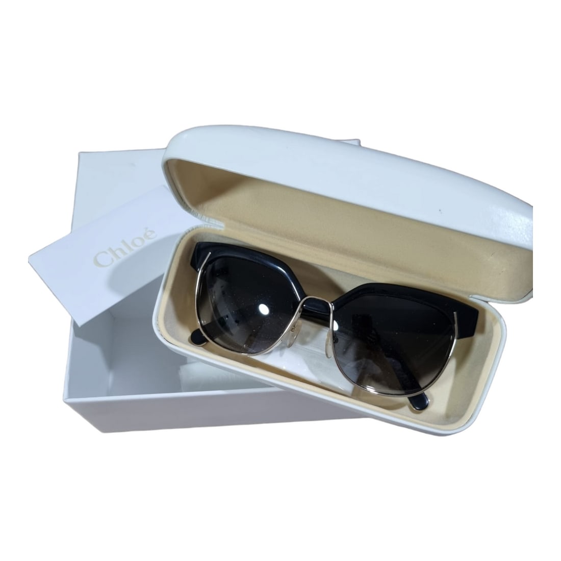 CHLOE: Sunglasses, excellent condition, dark lenses, plastic frame, includes certificate box.