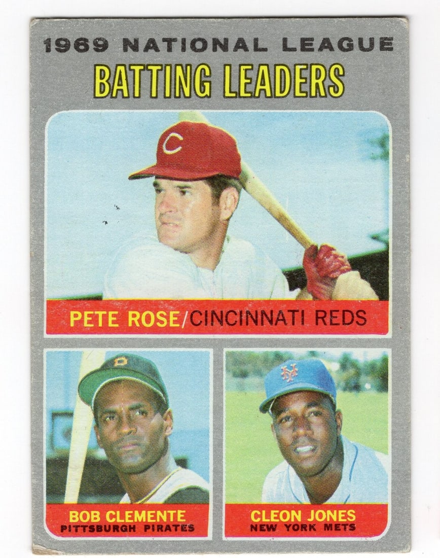 1969 National League Batting Leaders Card. Rose, Clemente, Jones: Topps 1970 National League Batting Leaders from 1969 No. 61