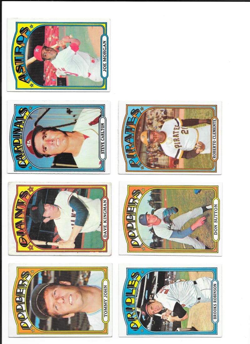 Super Lot. 1972 Topps Baseball stars. 7 cards, Clemente, Carlton, Robinson, Sutton, Morgan, John, (1 of 2)