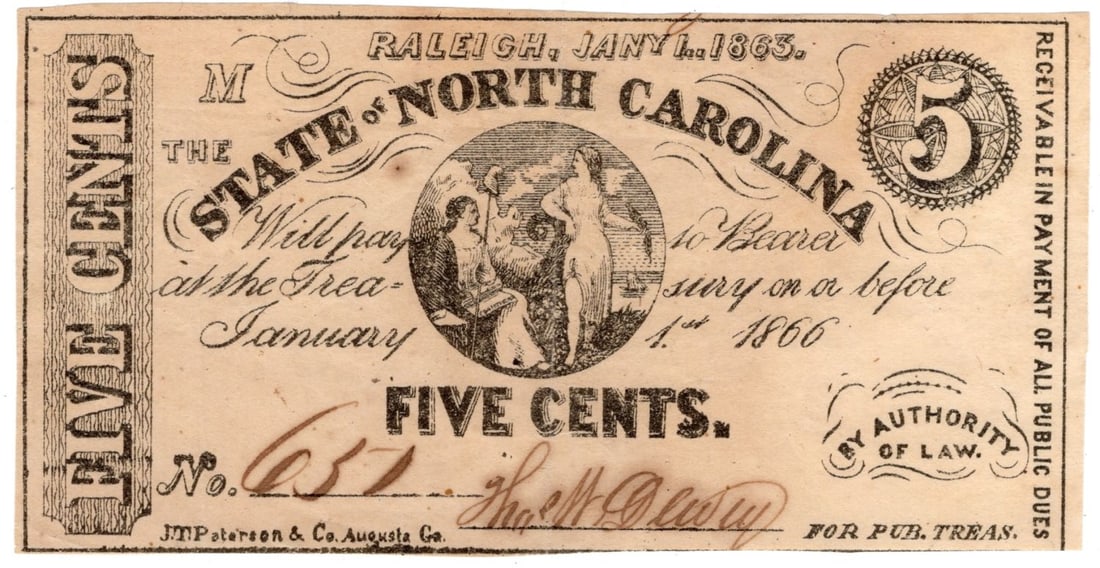 RARE 1863 North Carolina 5 Cent Obsolete Currency Note. Civil War Era. Very Scarce. Excellent (1 of 2)