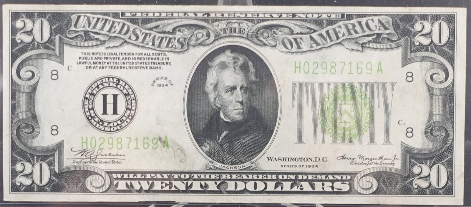 1934 $20 note: This has the rare Lime Green Seal! It is in impecable Shape! Low Estimate: 50.00 High Estimate: 80.00