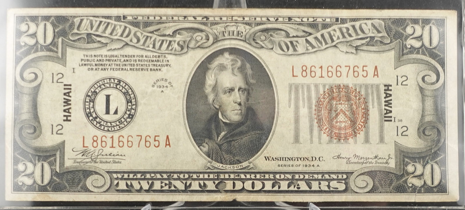 1934-A $20 Hawii Note: This is a great Note! These are hard to find in this condition. Small Tear on bottom Right. Low Estimate: 100.00 High Estimate: 200.00