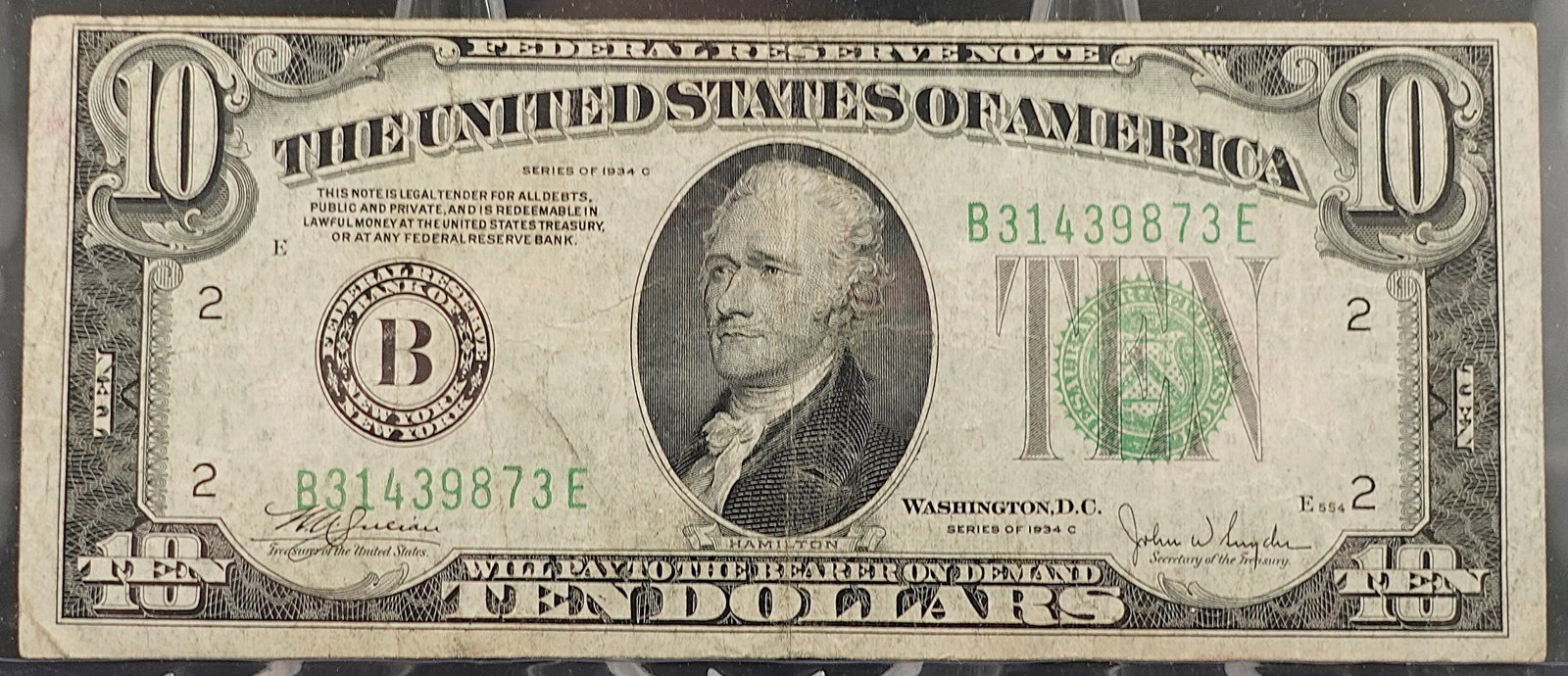1934-C $10 Note: This is a Lime Green Seal Low Estimate: 30.00 High Estimate: 60.00