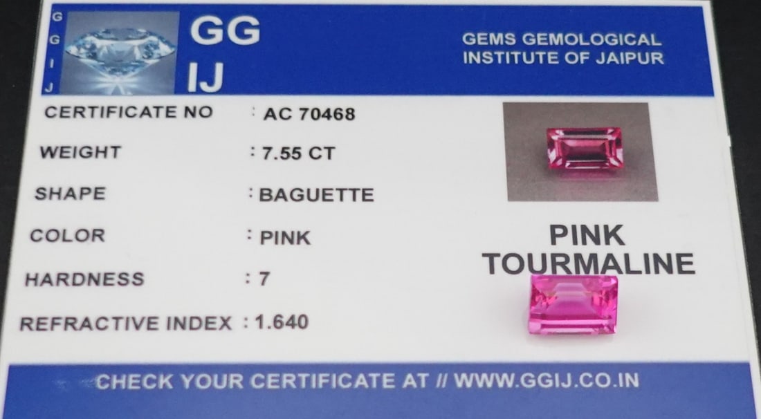 7.55 CT Baguette Cut Pink Tourmaline: Exceptional Color! Low Estimate: 50.00 High Estimate: 100.00