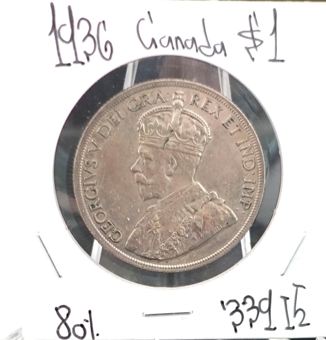 1936 Canadian $1 Silver Dollar: This is 80% Silver. This is a High MS Grade! Great Toning and Luster! Low Estimate: 70.00 High Estimate: 100.00