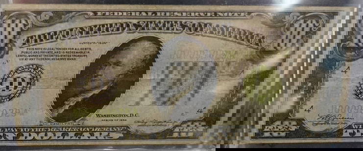 1934 $10 Lime Green Seal $10 Note: This is a low Serial Number! 00099029 Low Estimate: 30.00High Estimate: 60.00