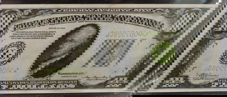 1934 Lime Green Seal $10 Note: This is in excellent shape! Great Corners and Cut! SN 684 Low Estimate: 80.00High Estimate: 100.00