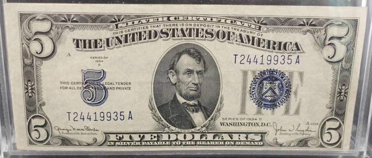 1934 D $5 Note: Beautiful Silver Seal Note! SN 935 Low Estimate: 30.00High Estimate: 60.00