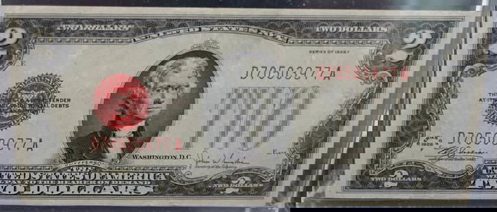 (2) Red Seal $2 Notes: 1) 1928 F Red Seal Note and 1) 1953 A Red Seal Note Low Estimate: 40High Estimate: 50
