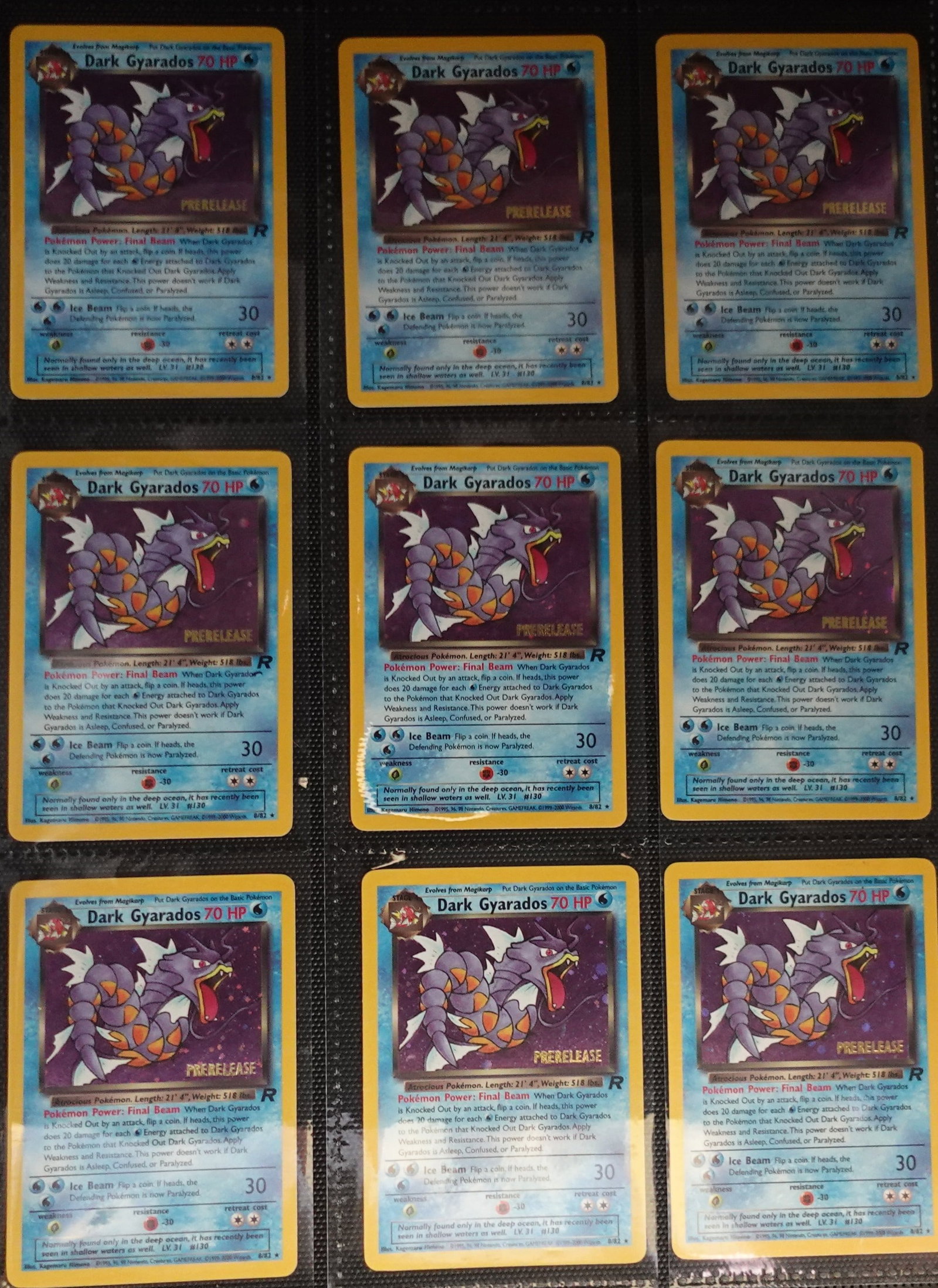 (9) 2000 Prerelease Pokémon Team Rocket Dark Gyarados Holo Card: Very Rare Cards! They Range from $30 ungraded to $200 Graded. Low Estimate: 240.00 High Estimate: 400.00