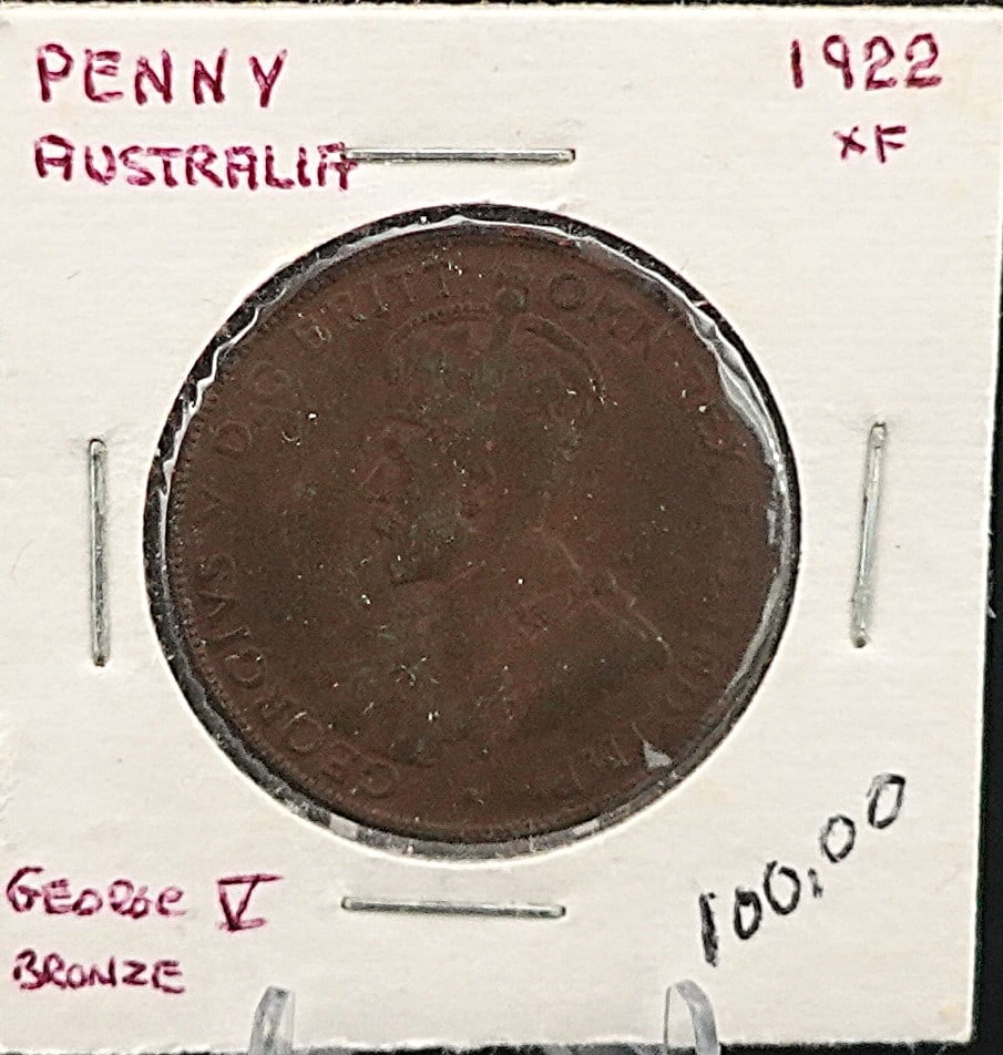 1922 Australia Penny: This is an Extremely Scarce Cent! Low Estimate: 10.00 High Estimate: 20.00