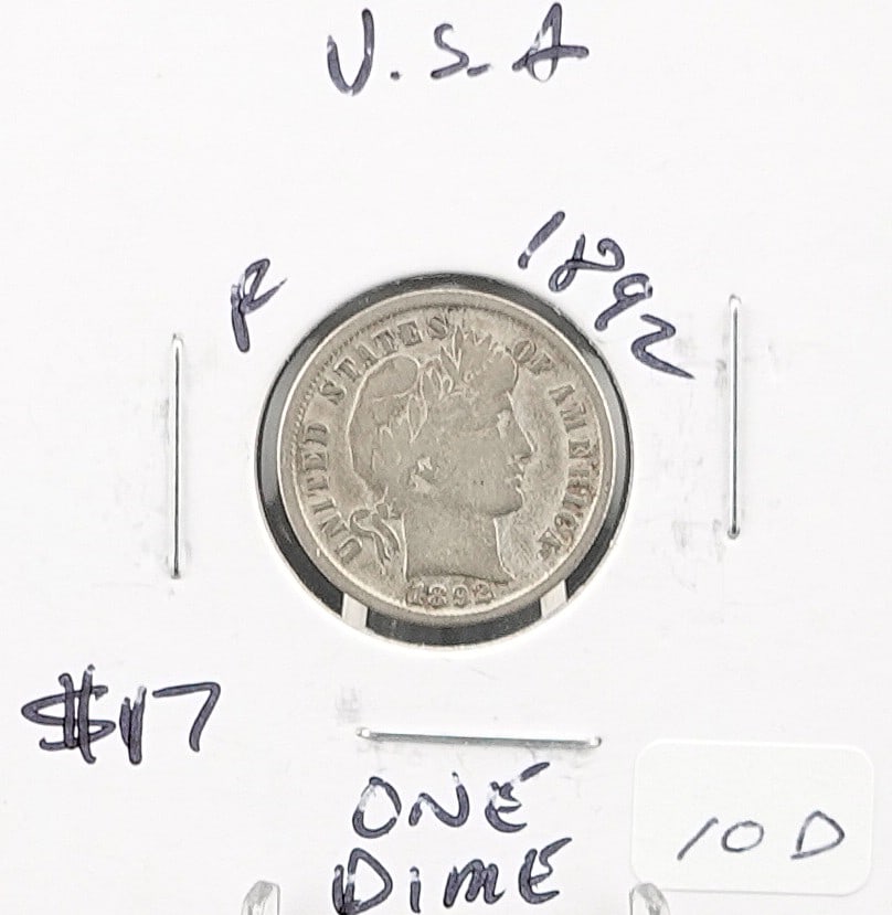 1892 Barber Dime: First Year! Low Estimate: 20.00High Estimate: 30.00