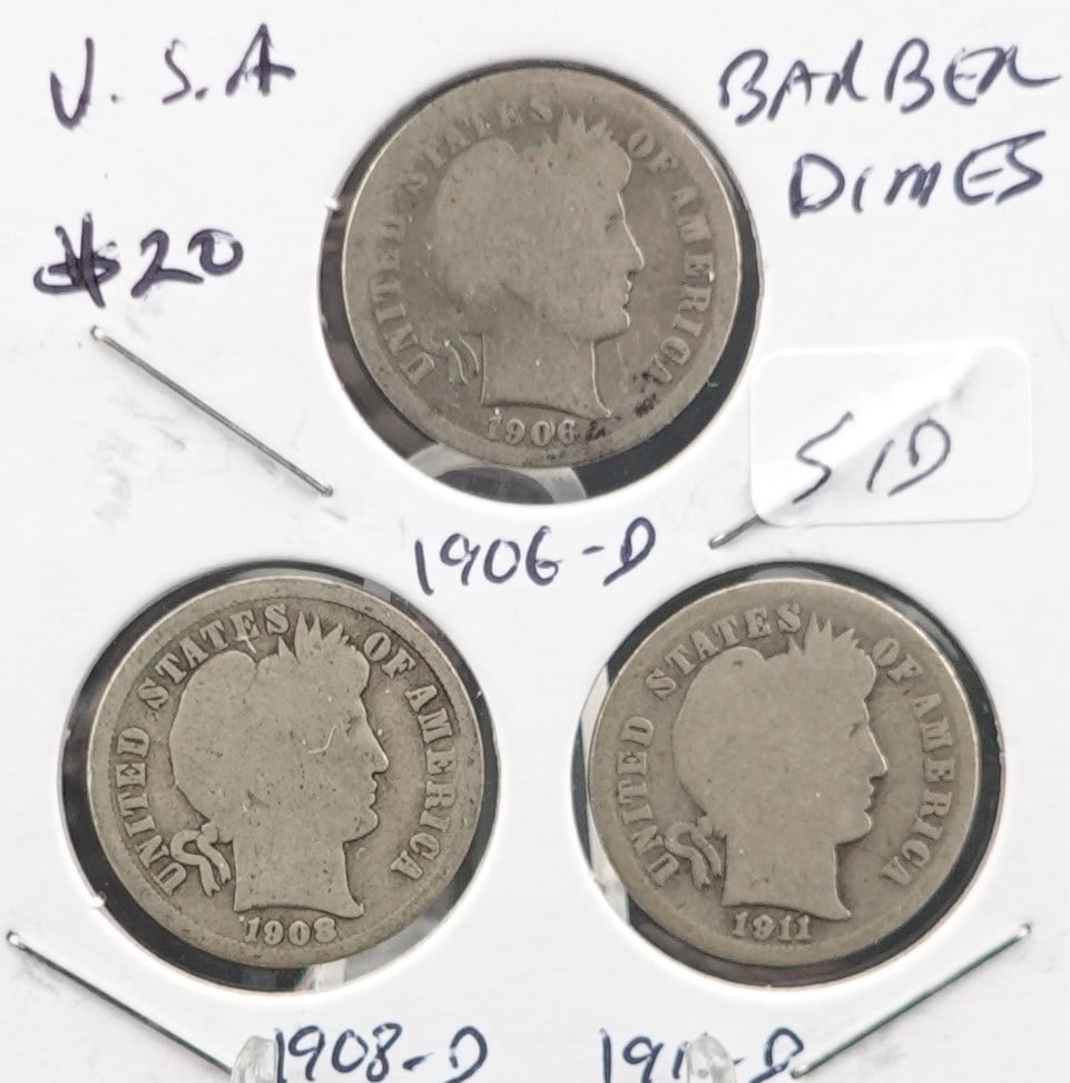 (3) Barber Dimes 1906-D, 1908-D and 1911-D (1 of 2)