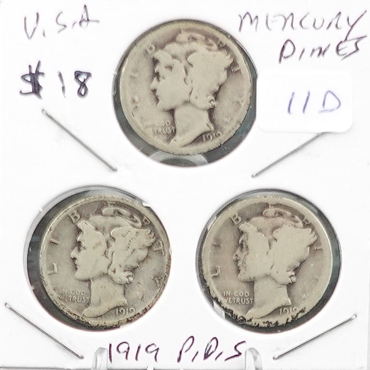 (3) 1919 P, D, S Mercury Dimes: Nice Early Dates! Low Estimate: 18.00High Estimate: 40.00