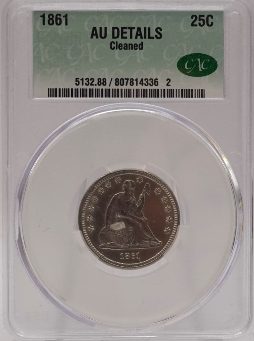 1861 Seated Quarter CAC Graded: 1861 Seated Quarter CAC Graded. This is a stunning Coin! Low Estimate: 300.00High Estimate: 500.00