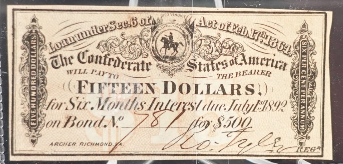 1864 $15 Confederate Bond (1 of 2)