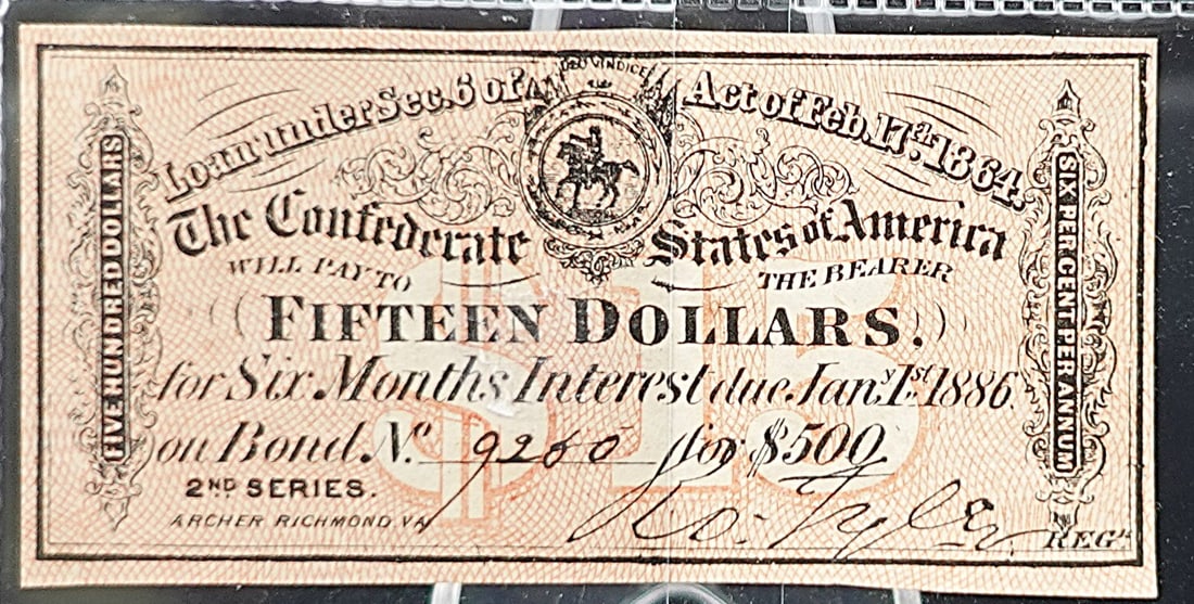 1864 $15 Confederate Bond (1 of 2)