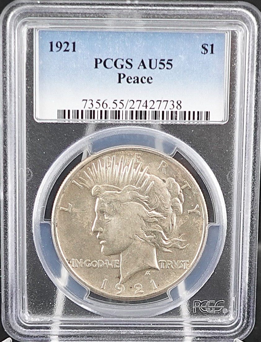 1921 Peace Dollar: This is the KEY DATE! PCGS Graded AU55 Low Estimate: 360.00High Estimate: 460.00