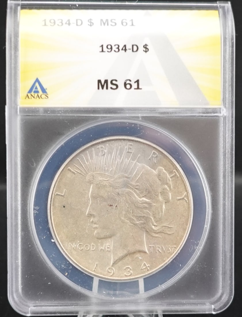 1934-D Peace Dollar: ANACS Graded MS 61 Low Estimate: 200.00High Estimate: 250.00