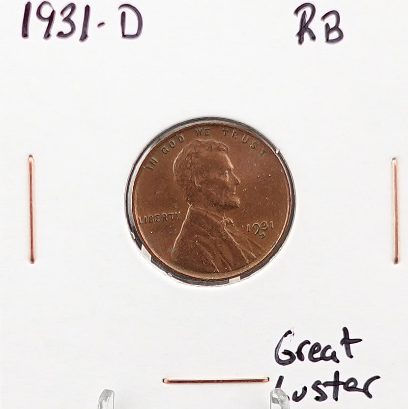 1931-D Wheat Cent: This is a RB and has great details! Low Estimate: 50.00High Estimate: 70.00