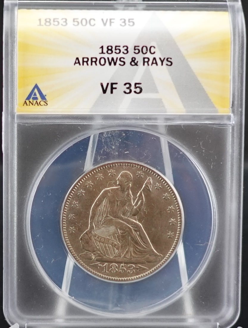 1853 Seated Half Dollar: ANACS Graded VF 35. This is the Arrows and Rays Variety Low Estimate: 240.00High Estimate: 300.00